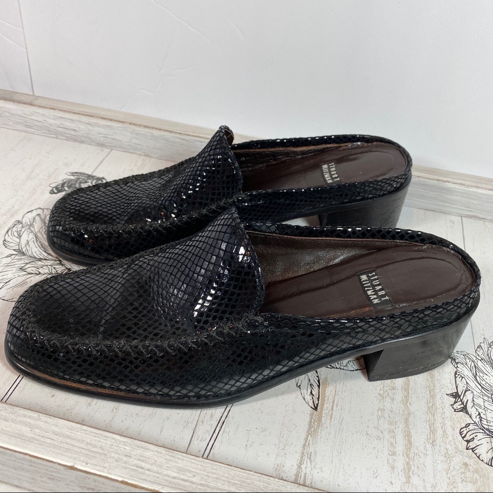 Stuart Weizmann Black Snake Embossed Leather Mules - image 3